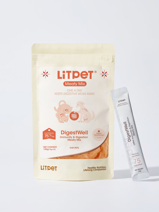 LiTPet Meaty Mix DigestWell product packaging on a light gray background