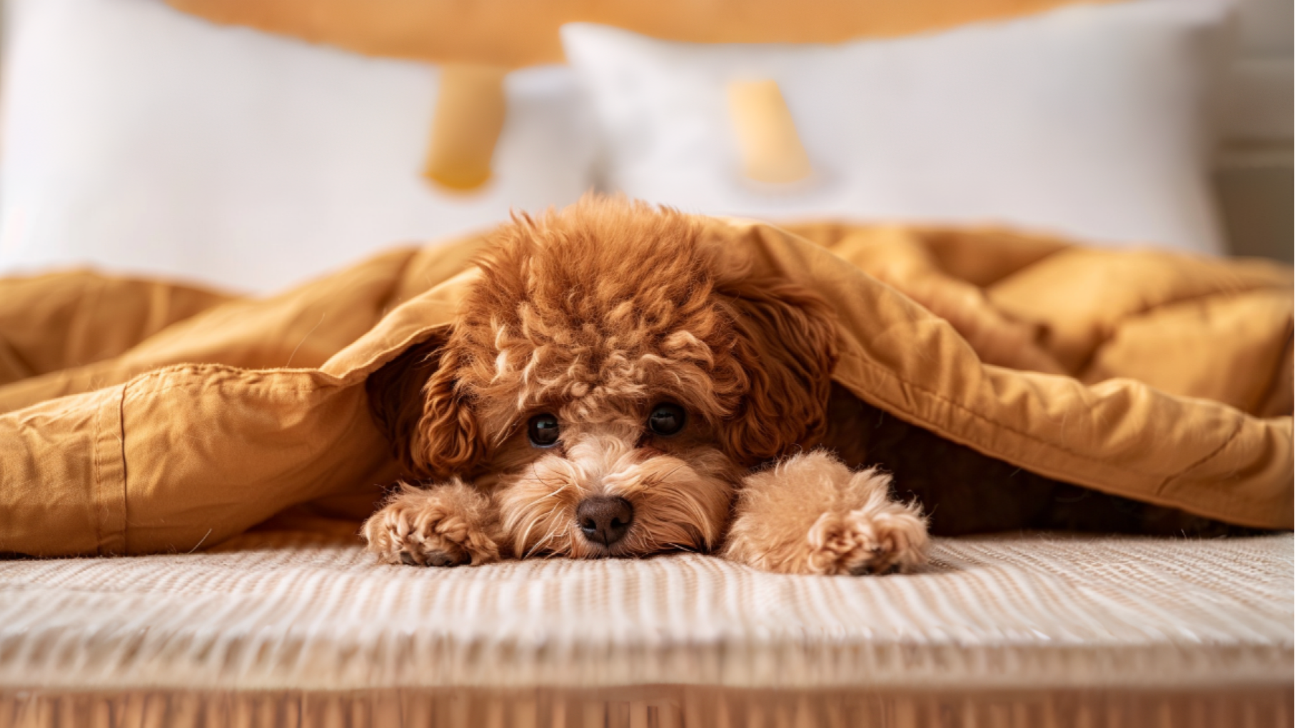 Small brown dog peeking out from under a yellow blanket on a bed.