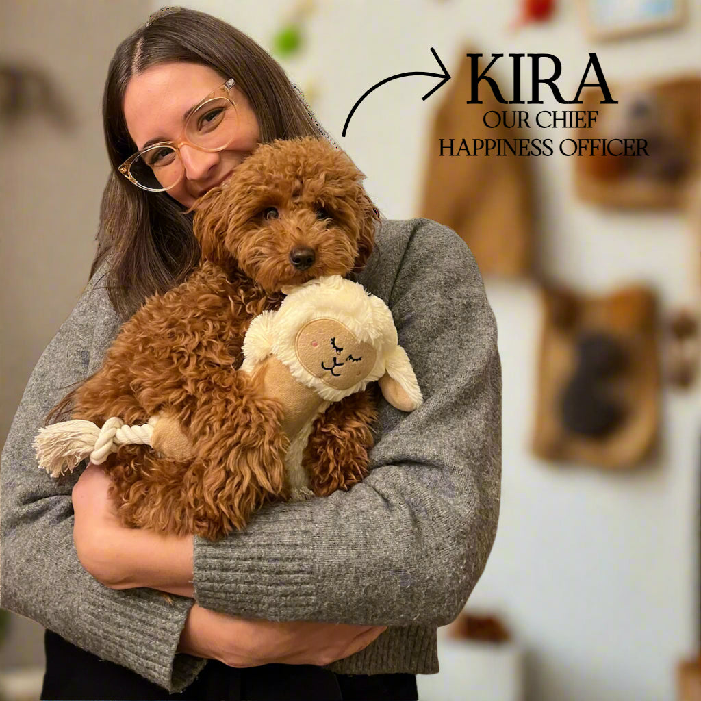 Person holding a brown dog and a plush toy, with 'KIRA' labeled as 'Our Chief Happiness Officer' in the background.