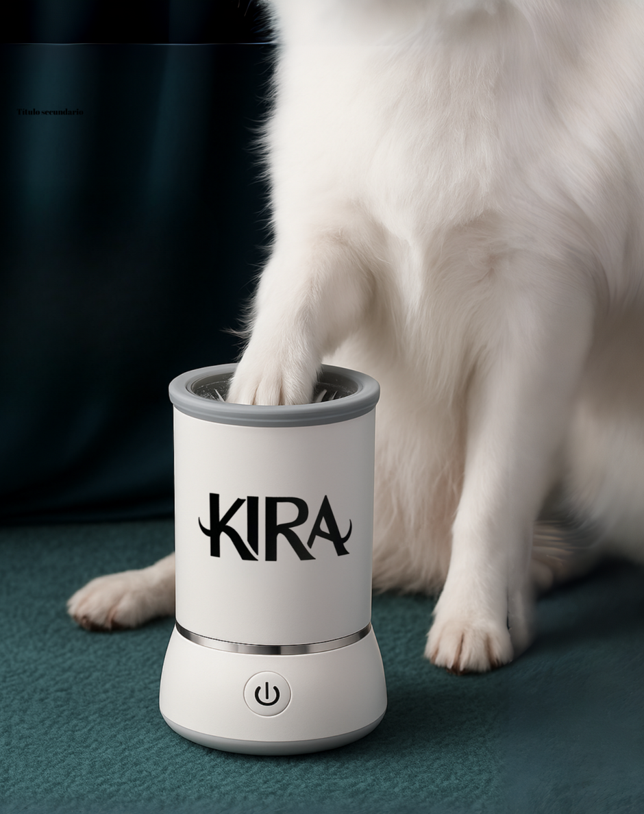 White dog using a KIRA paw cleaner on a green room.