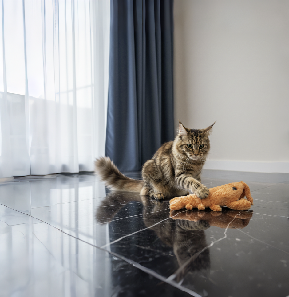 Cat playing with a plush lobster toy