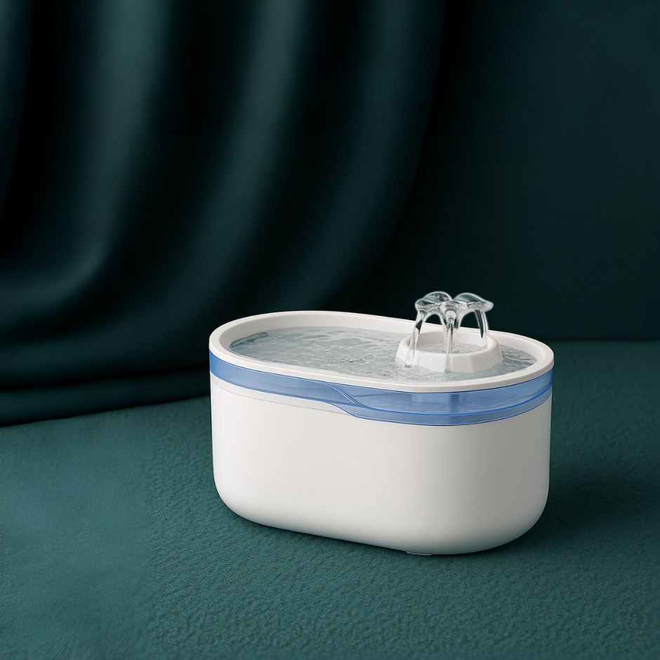 White pet water fountain with blue accents on a dark green background
