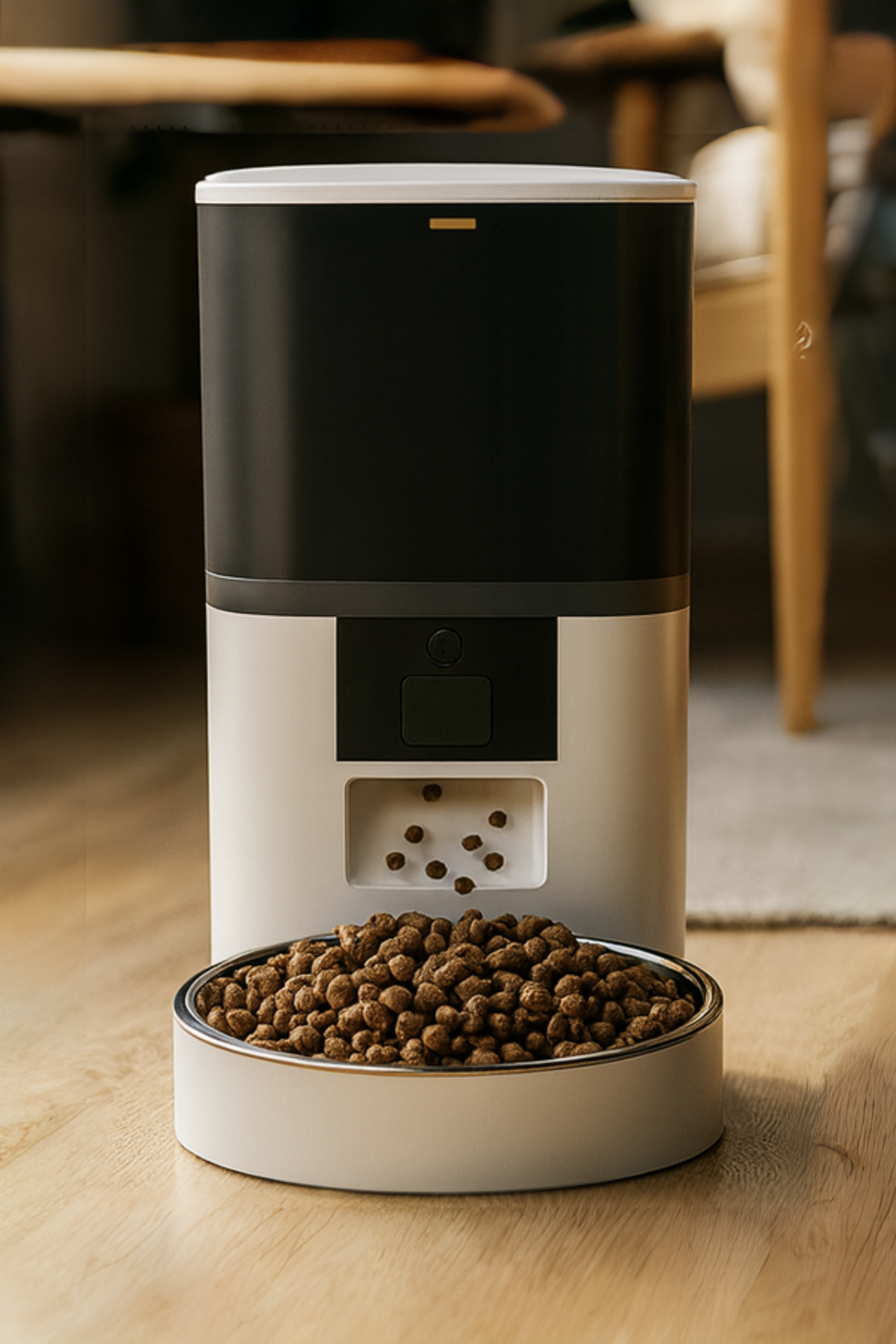 Pet food dispenser with food on a wooden floor