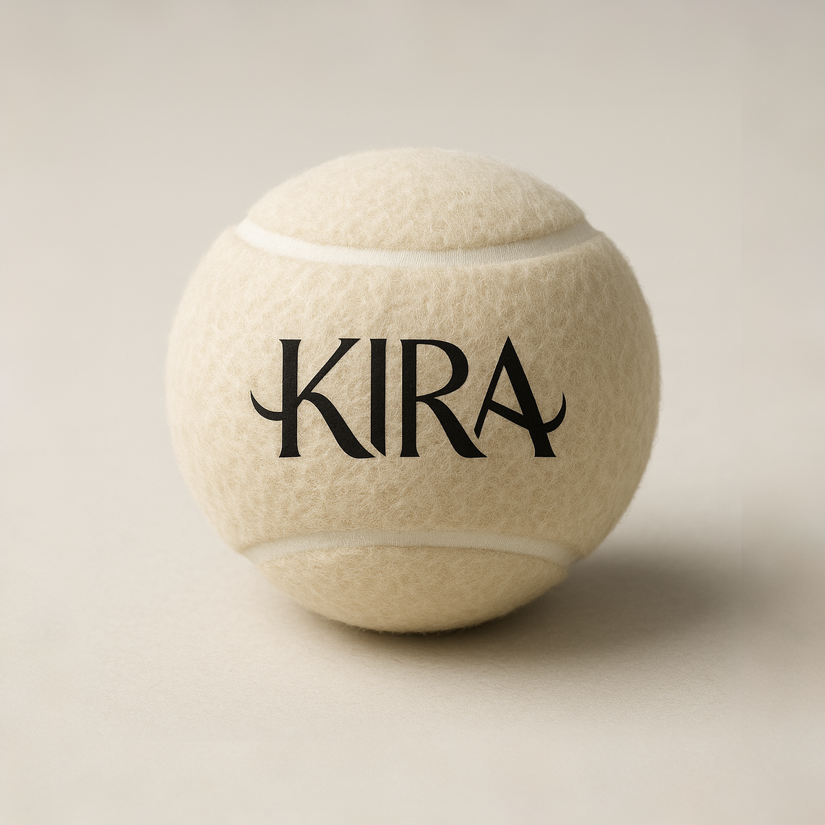 Beige tennis ball with 'KIRA' branding on a beige background