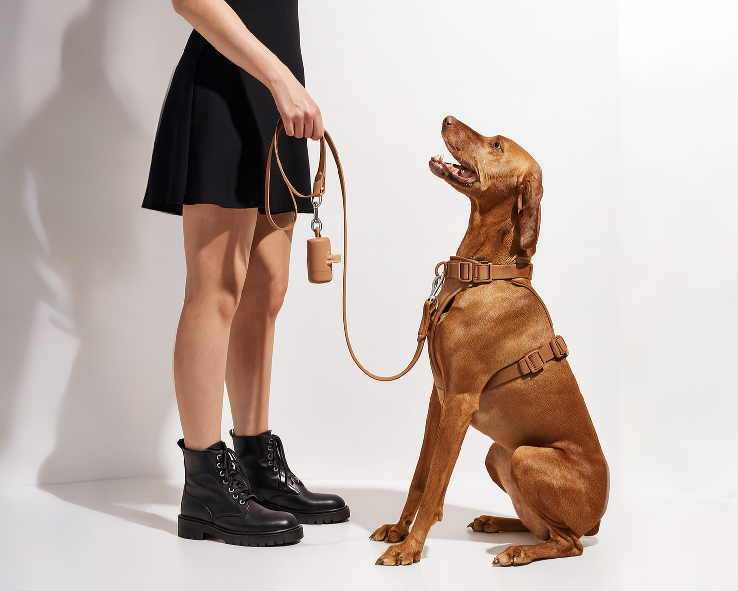 Person in black outfit with dog wearing a KIRA waterproof harness kit.