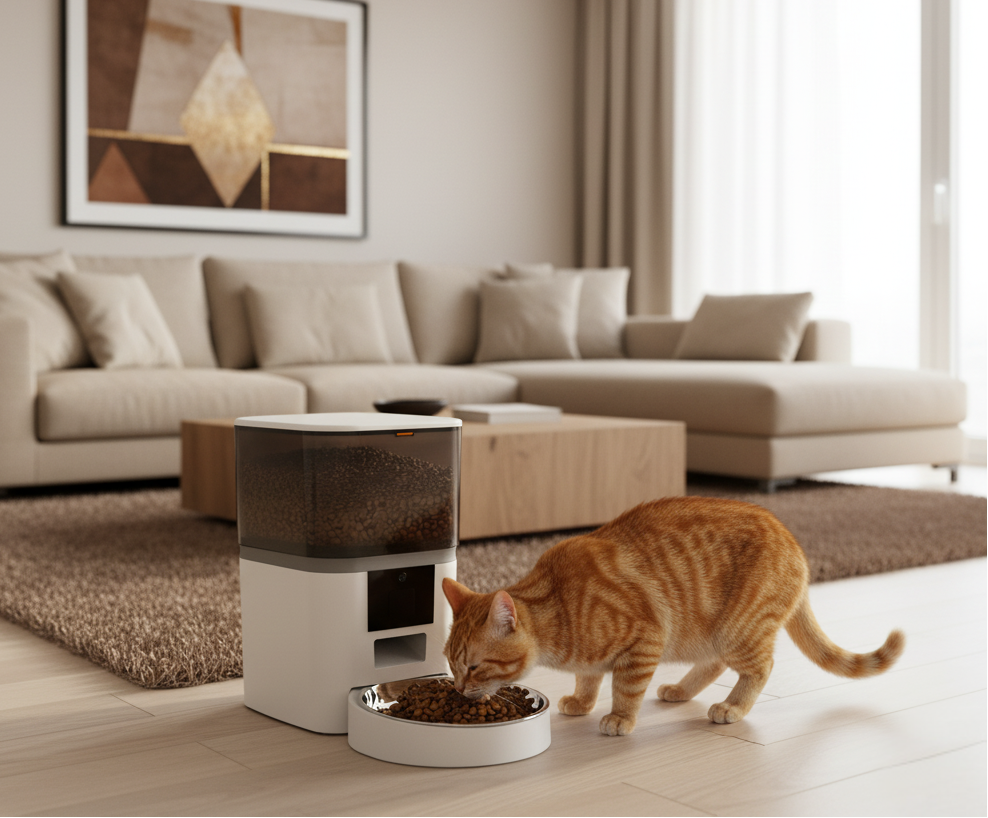 Cat eating from a KIRA bowl on a modern living room