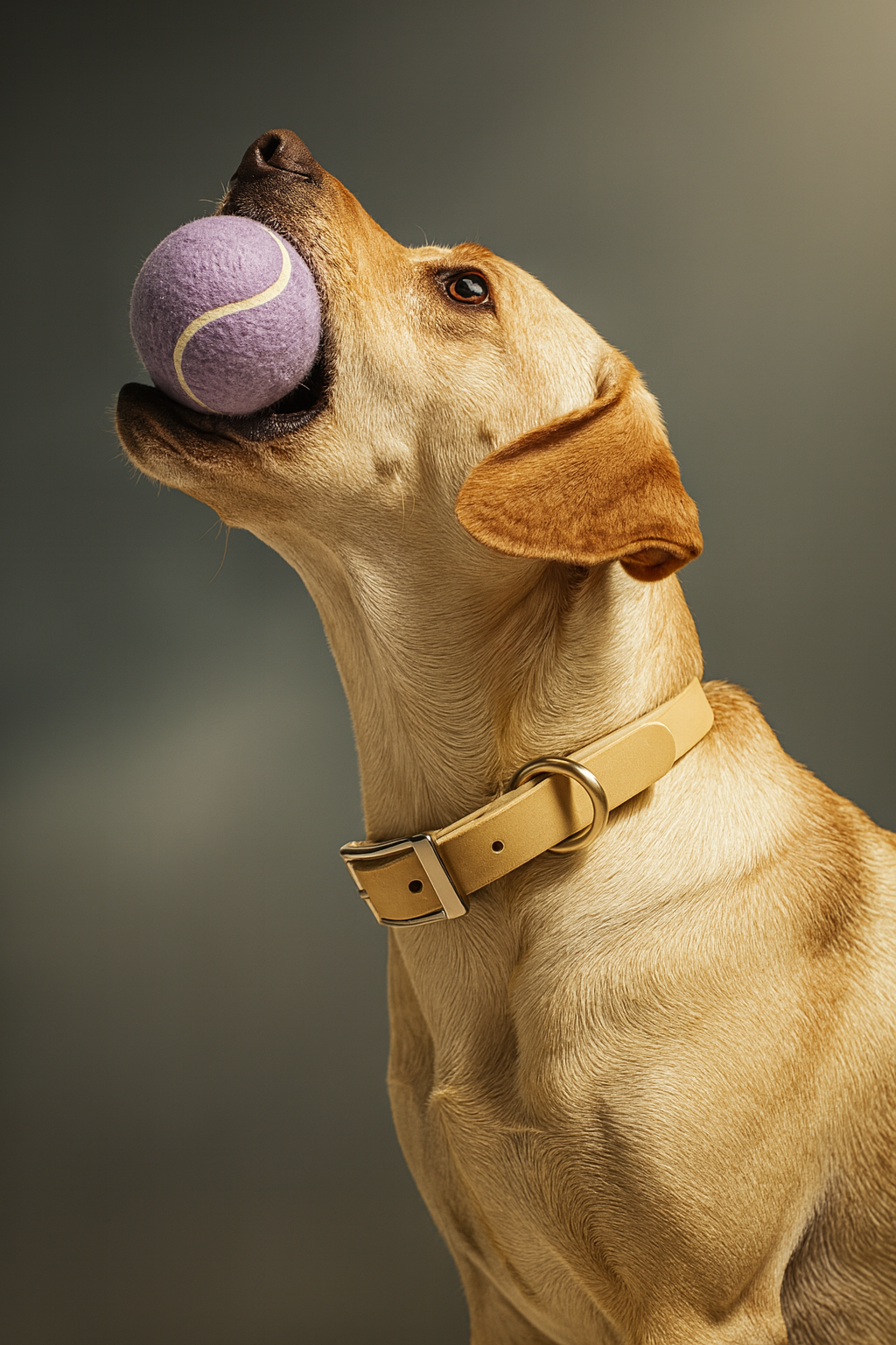 Dog with a KIRAs purple ball in its mouth against a gray background