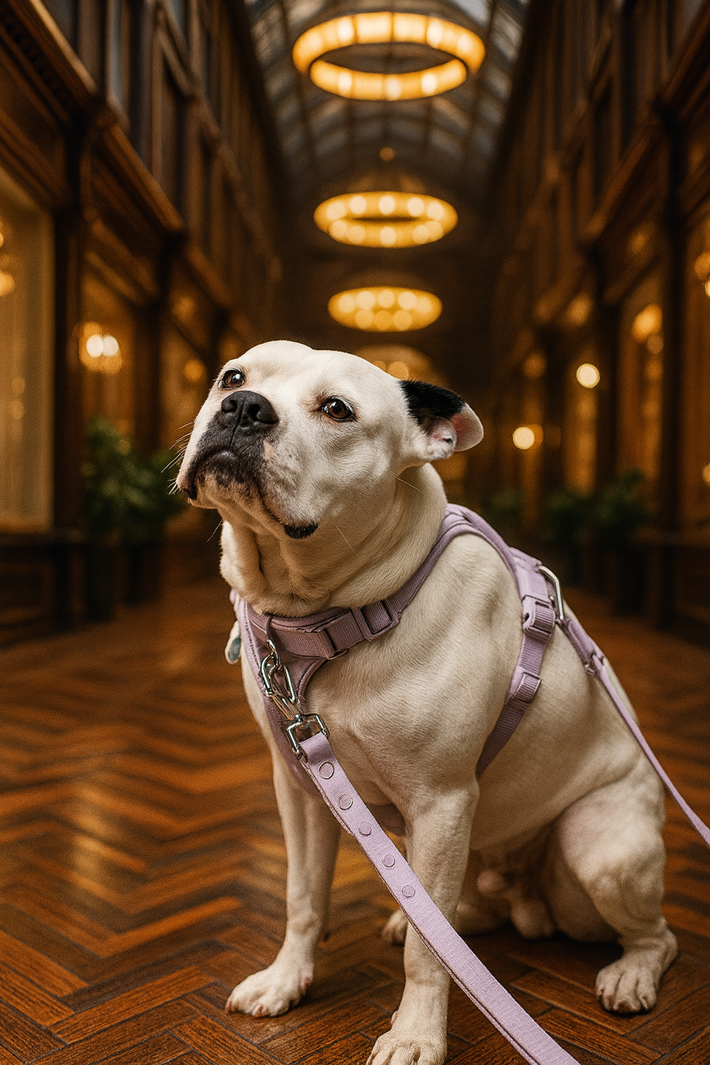 Dog on a leash in an elegant hallway with chandeliers