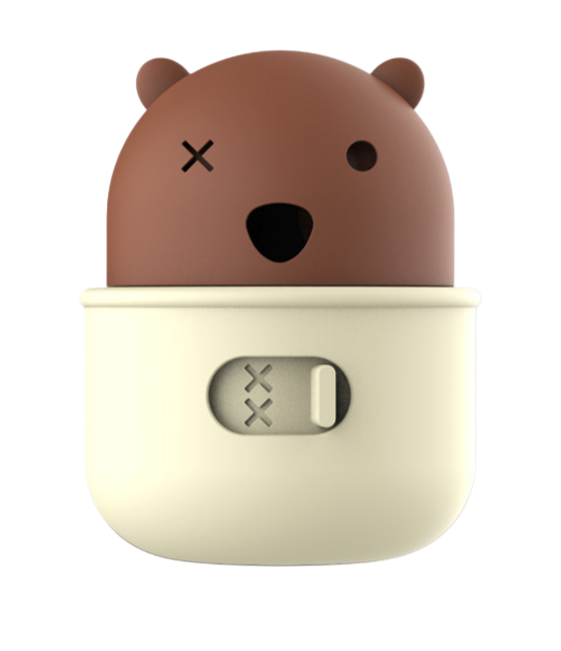 Cute silicon animal-shaped food dispenser for pets with a brown top and beige bottom.