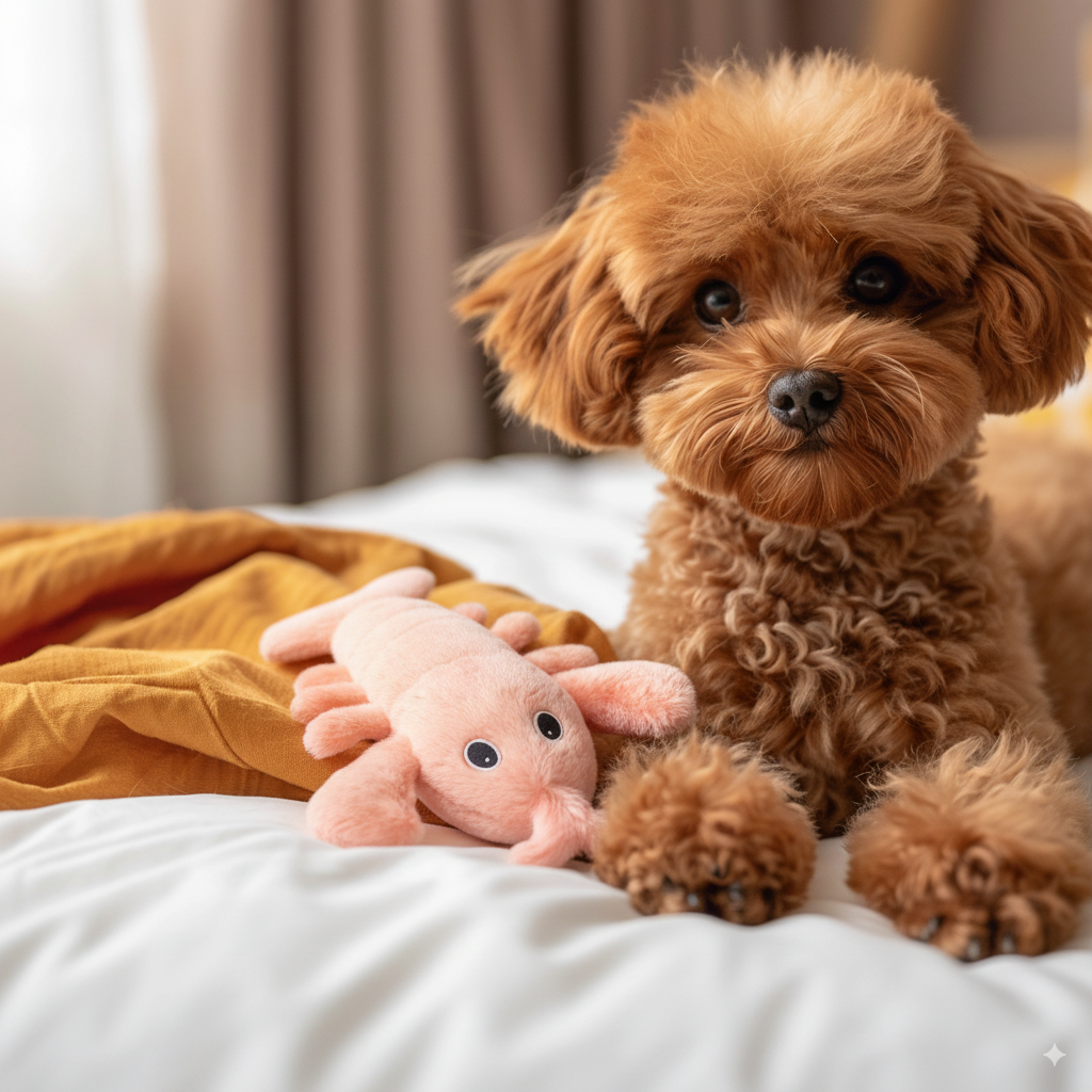 Small brown dog sitting on a bed with a lobster toy