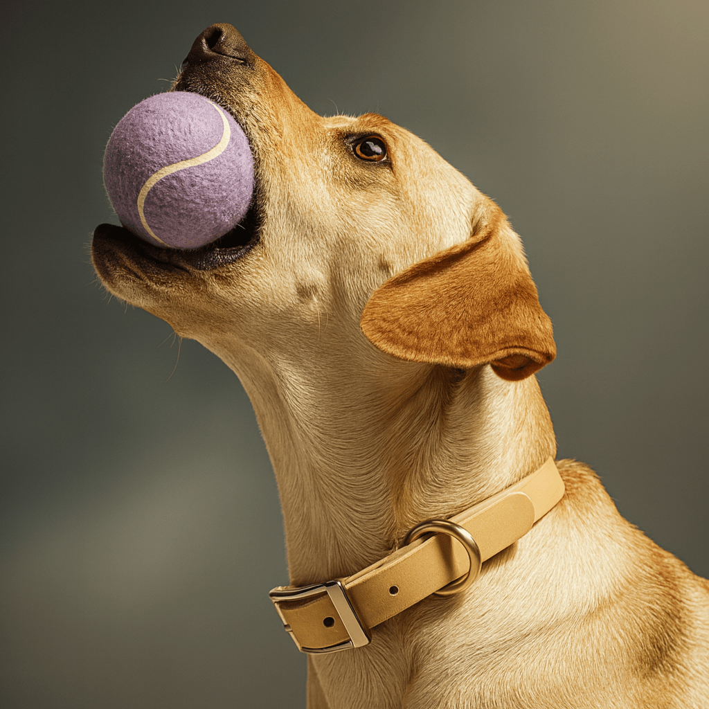 Dog with a KIRA tennis ball on its mouth against a neutral background